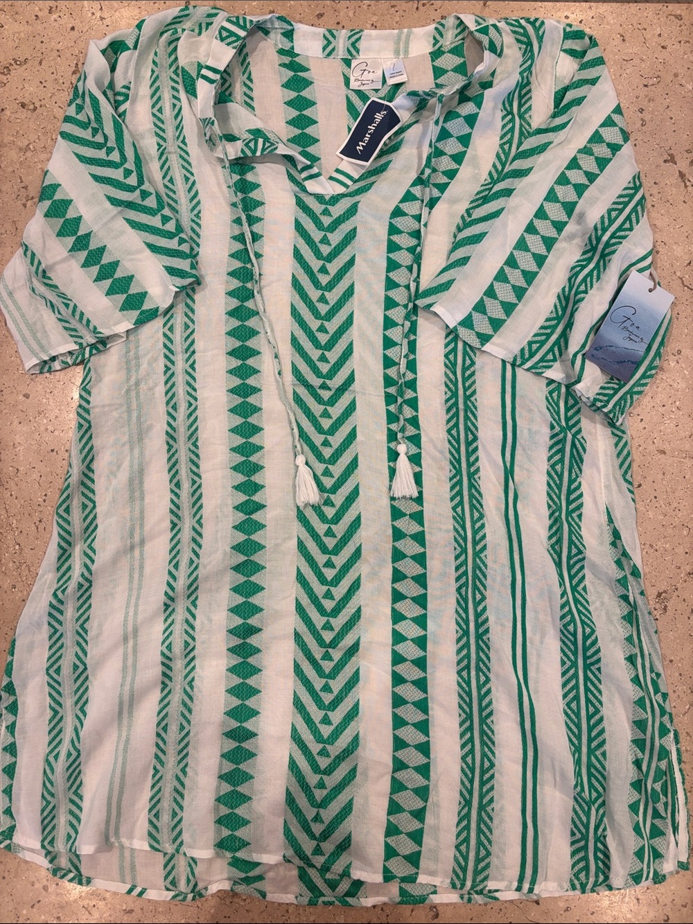 Green and White Striped V-Neck Tunic with Tassel Tie
